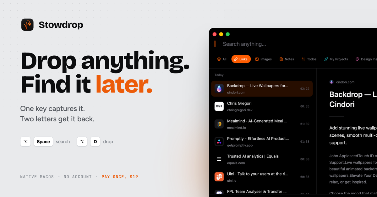 I built Stowdrop, a fast and private bookmark manager for macOS with a one time fee logo